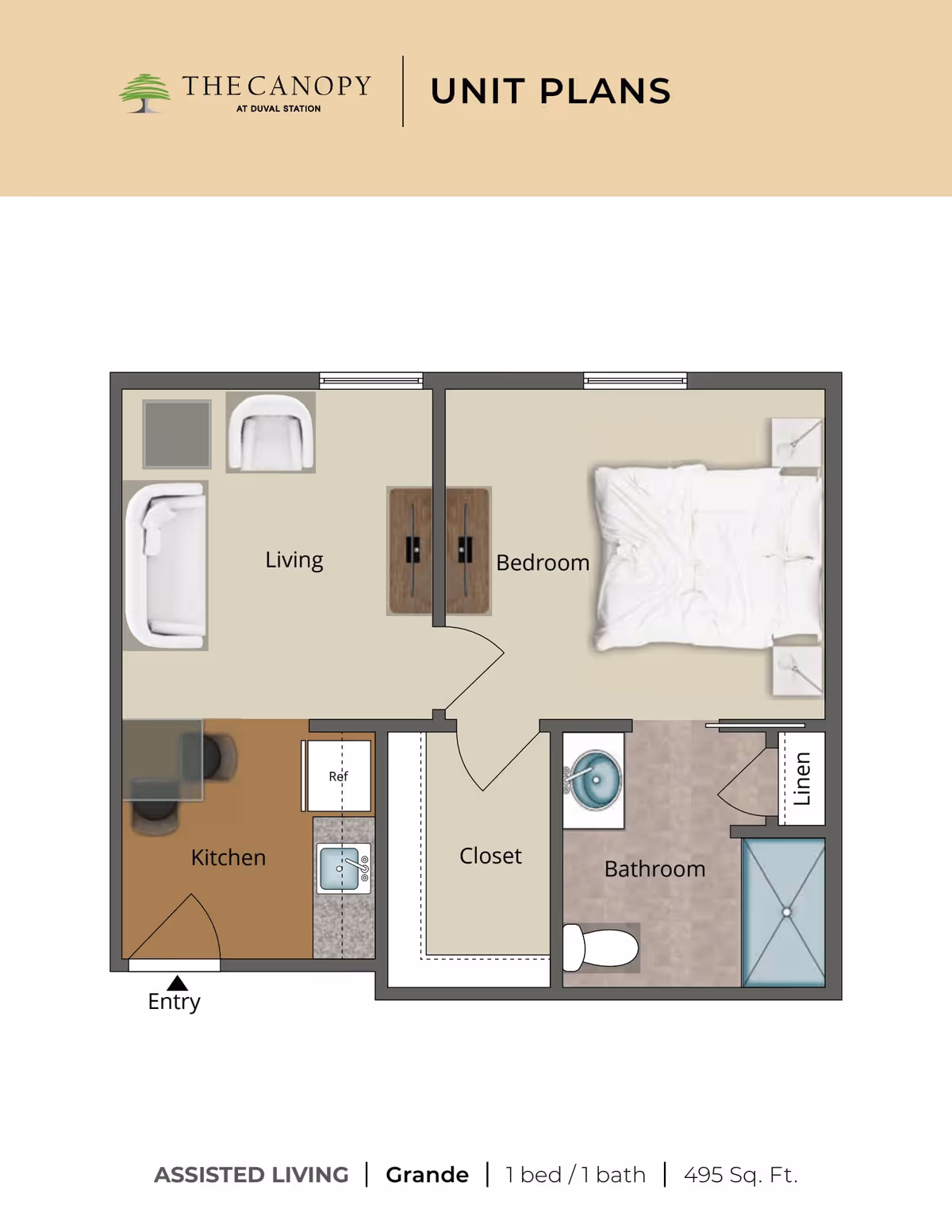 Floor plan of an assisted living unit at The Canopy at Duval Station showing a layout with a living room, kitchen, bedroom, closet, bathroom, and linen closet. The unit is labeled Grande with 1 bedroom and 1 bathroom, covering 495 square feet.