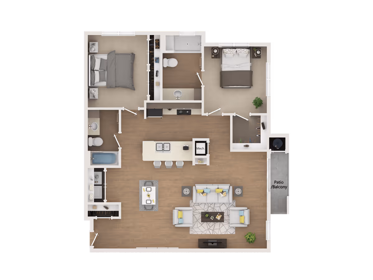 3D floor plan of an apartment featuring two bedrooms, two bathrooms, a kitchen with an island and three stools, a living room with a sofa, two armchairs, a coffee table, and a patio/balcony area. The layout includes closets and mechanical space.