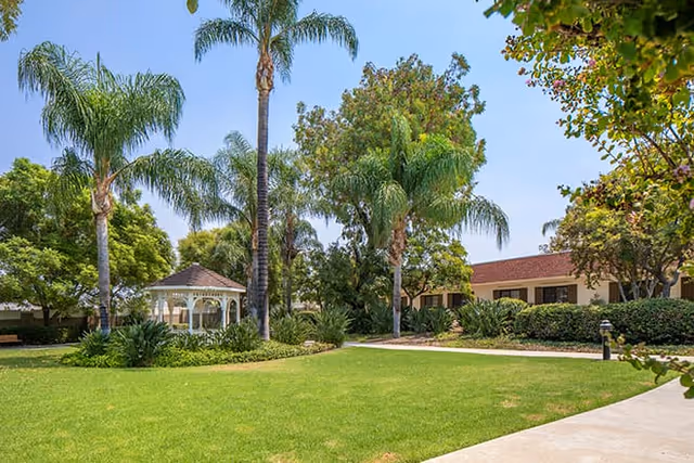 A sunny outdoor garden area at Brookdale Corona featuring a well-maintained green lawn, tall palm trees, various shrubs, and a white gazebo. A paved walkway curves through the garden, with a building partially visible in the background under a clear blue sky.