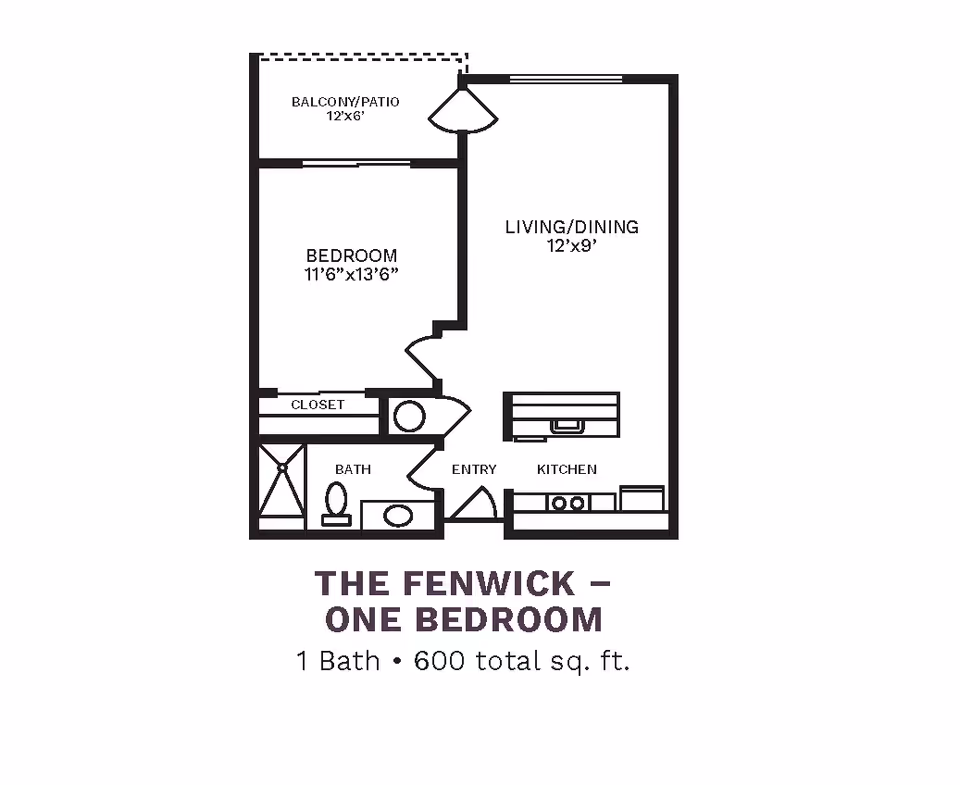 Floor plan layout of The Fenwick one-bedroom apartment at The Country Club of La Cholla, showing a bedroom, bathroom, kitchen, living/dining area, entry, closet, and balcony/patio with dimensions.