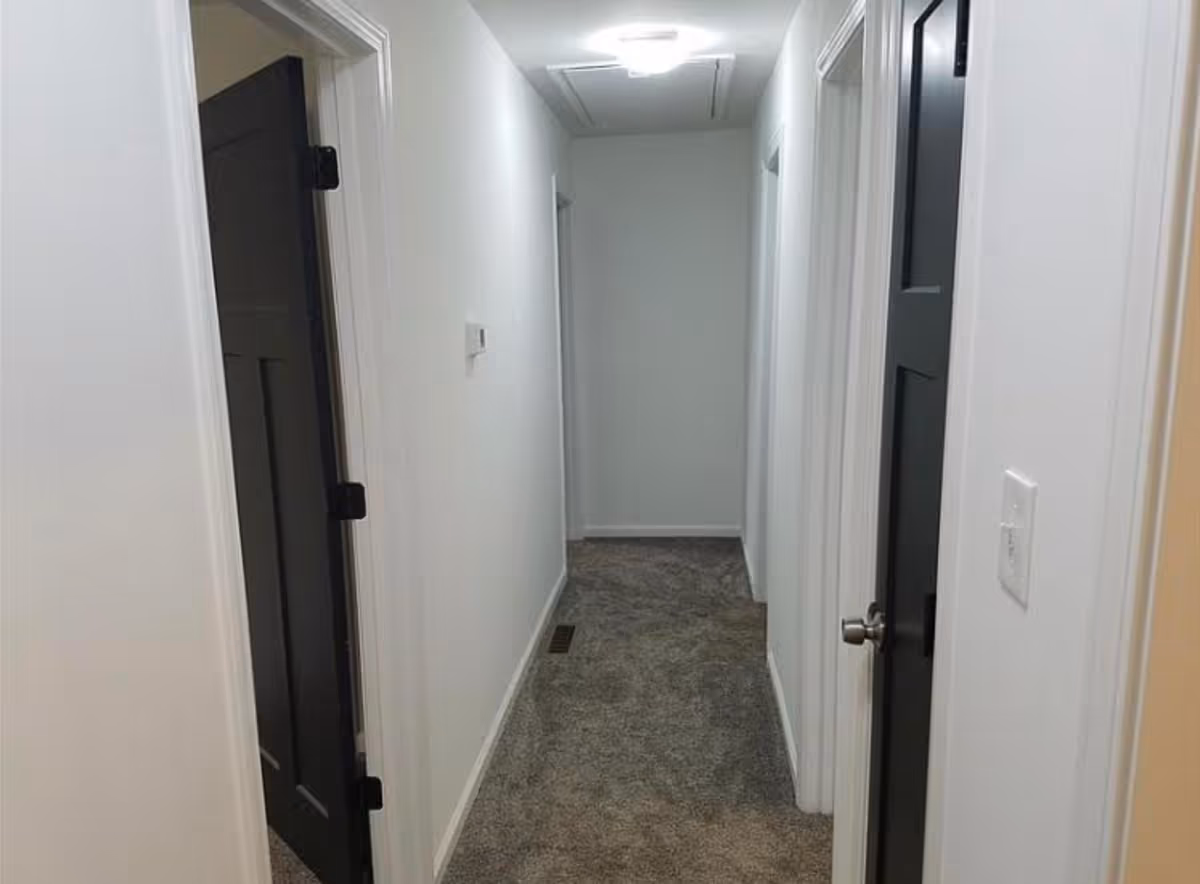 Carpeted interior hallway with white walls and dark doors on either side.