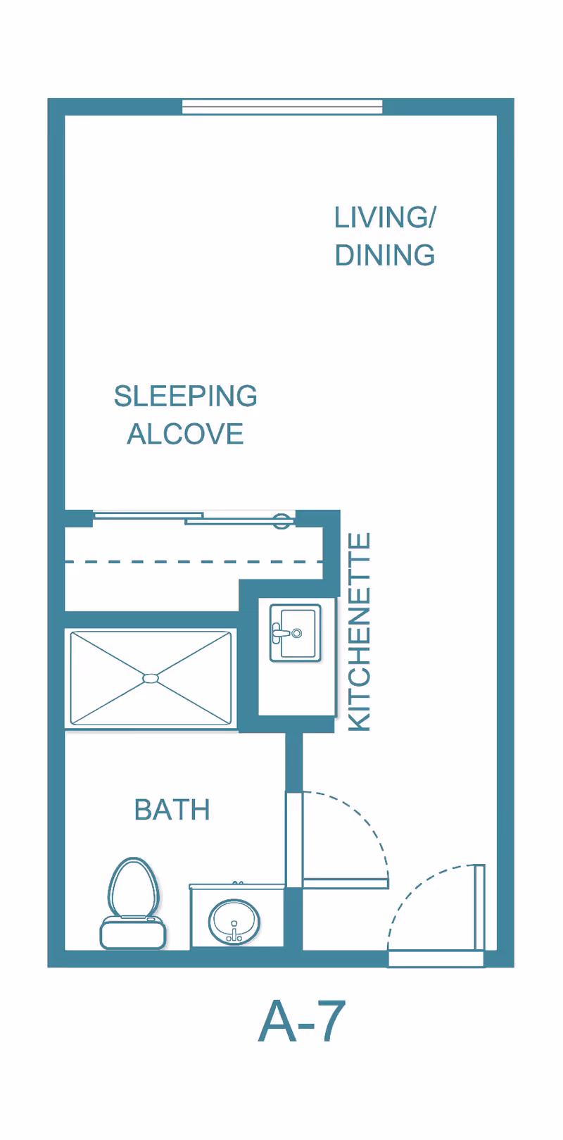 Floor plan layout of a studio apartment labeled A-7 at The El Dorado - Sky Active Living, showing a sleeping alcove, living/dining area, kitchenette, and a bathroom with a toilet, sink, and shower.