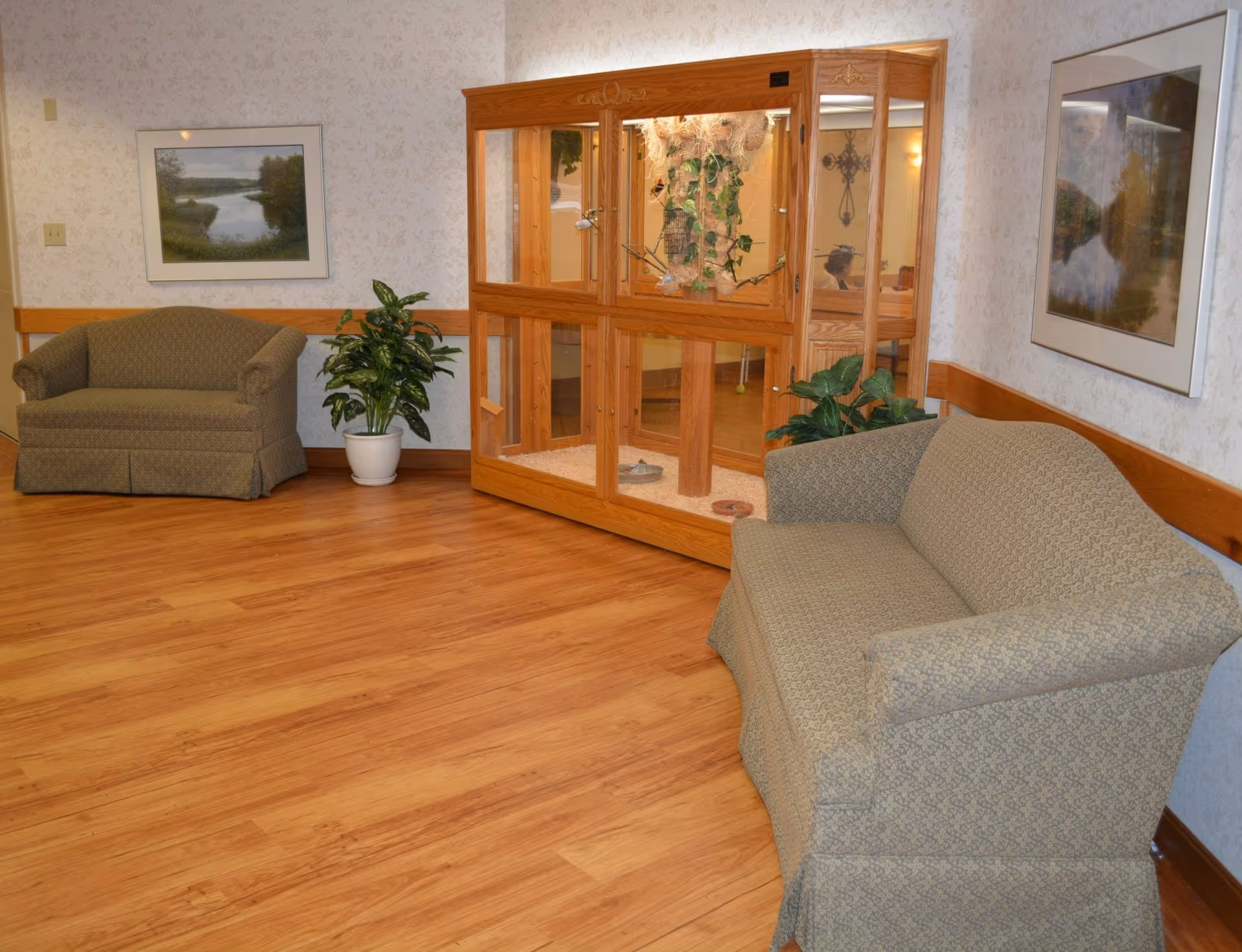 Small lounge with two upholstered sofas, potted plants, framed landscape prints, and a wooden glass-enclosed display on hardwood flooring.