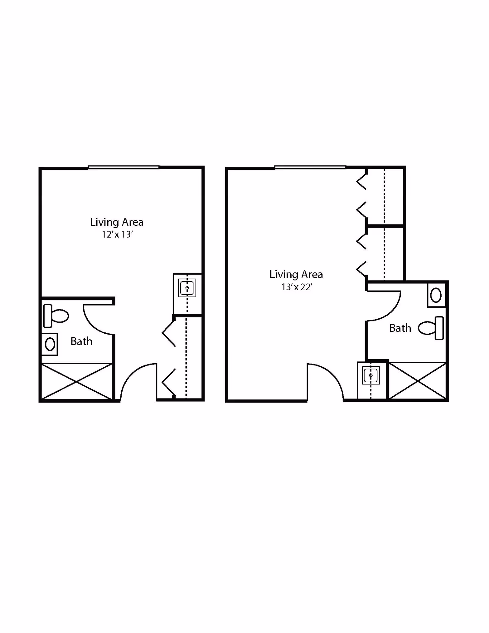 Floor plan showing two layouts with living areas and bathrooms. The left layout has a 12x13 living area and a bath, while the right layout has a 13x22 living area and a bath with additional closet space.