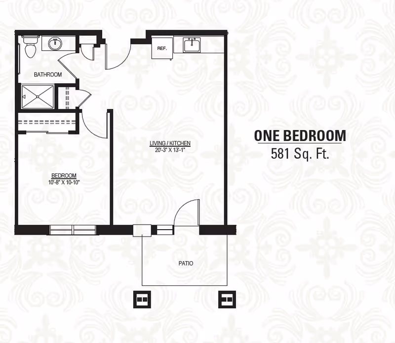 Floor plan of a one-bedroom apartment at Lincoln Village Senior Campus, showing a bedroom measuring 10 feet 8 inches by 10 feet 10 inches, a combined living and kitchen area measuring 20 feet 3 inches by 13 feet 1 inch, a bathroom, and a patio. The total area is 581 square feet.