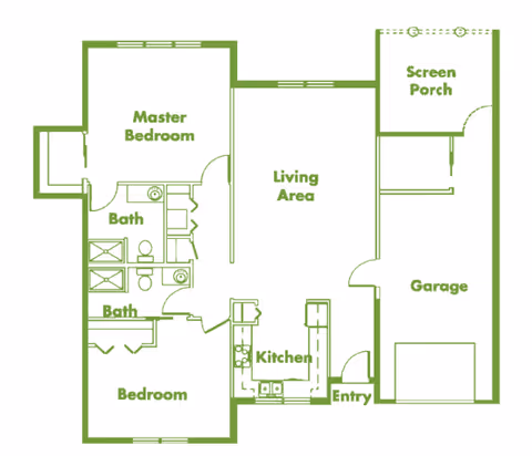Floor plan of a residential unit at Summer Village Magnolia Place showing a master bedroom with attached bath, a second bedroom, a second bath, a kitchen, a living area, an entry, a garage, and a screen porch.