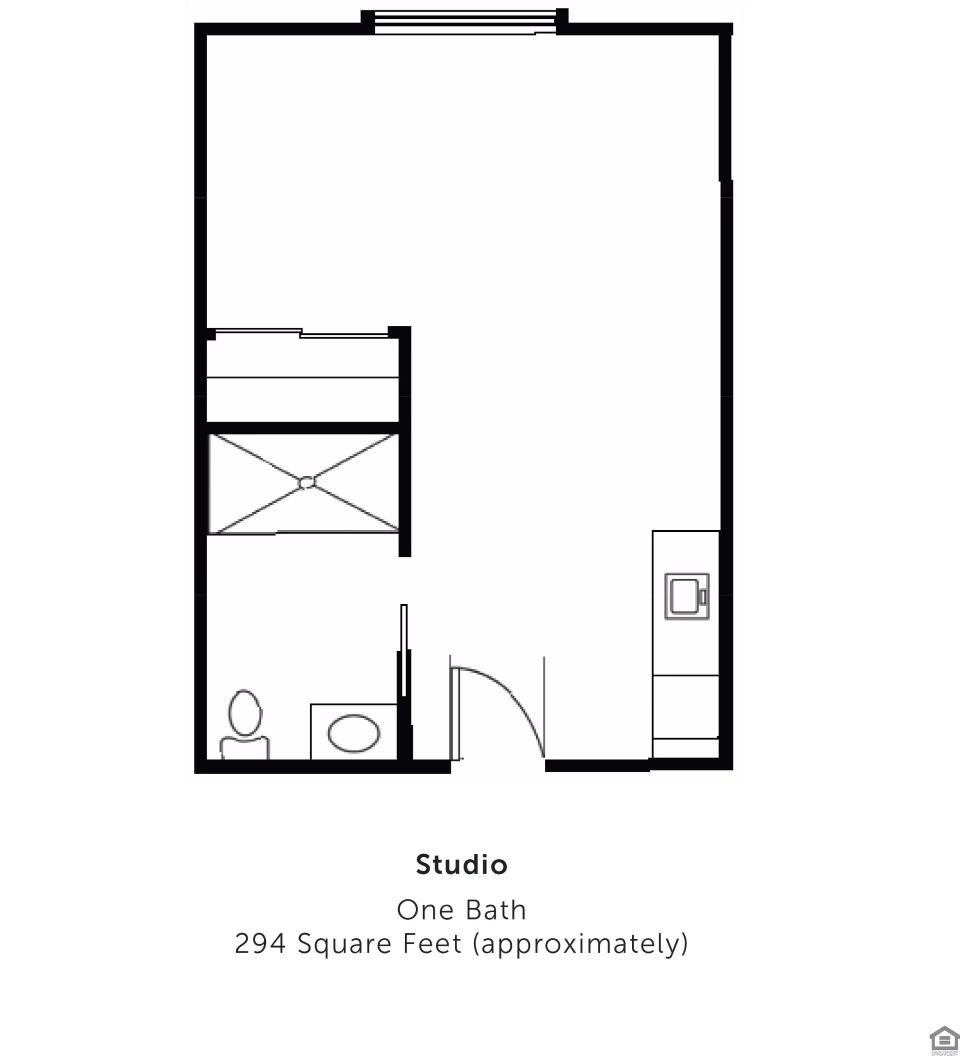 Floor plan of a studio apartment at Bluebonnet Court showing one bathroom, a kitchen area, and an open living/sleeping space. The layout includes a bathroom with a toilet and sink, a kitchen counter with a sink, and an entry door. The total area is approximately 294 square feet.