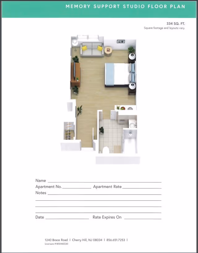 Floor plan of a memory support studio apartment showing a combined living and sleeping area with a bed, sofa, side tables, and plants. The layout includes a bathroom with a shower and a small entry area with closet space. The total area is 334 square feet.