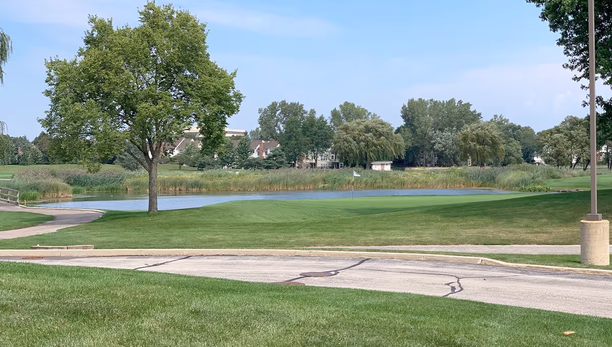 A scenic outdoor view featuring a green golf course with a putting green and a flag, a pond, a large tree, and a paved pathway. In the background, there are more trees and some residential buildings under a clear blue sky.
