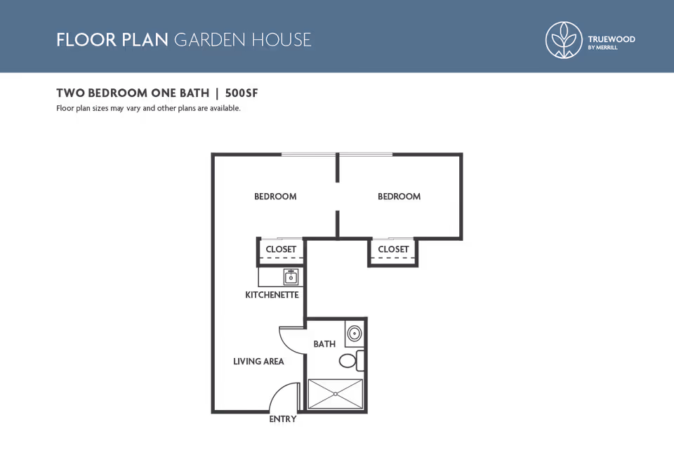 Floor plan graphic titled "Floor Plan Garden House" showing a two-bedroom, one-bath layout with kitchenette, living area and entry.