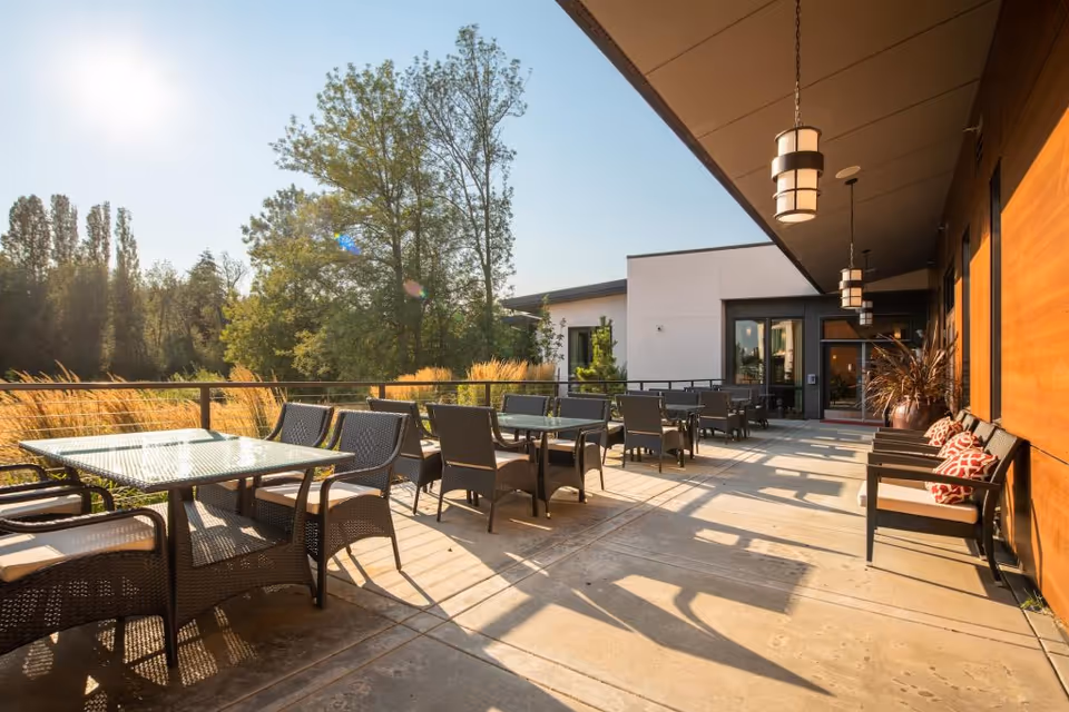 Outdoor patio area at Aegis Gardens Newcastle with multiple tables and chairs arranged for seating. The patio is adjacent to the building with large windows and hanging lantern-style lights. Trees and tall grasses are visible in the background under a clear sky with sunlight casting shadows on the concrete floor.