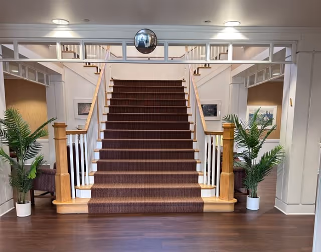 Interior view of a staircase with a brown carpet runner, wooden handrails, and white balusters. Two potted green plants are placed symmetrically on either side of the staircase base. The walls are decorated with framed artwork, and there is a convex security mirror mounted above the staircase. The floor is dark wood.