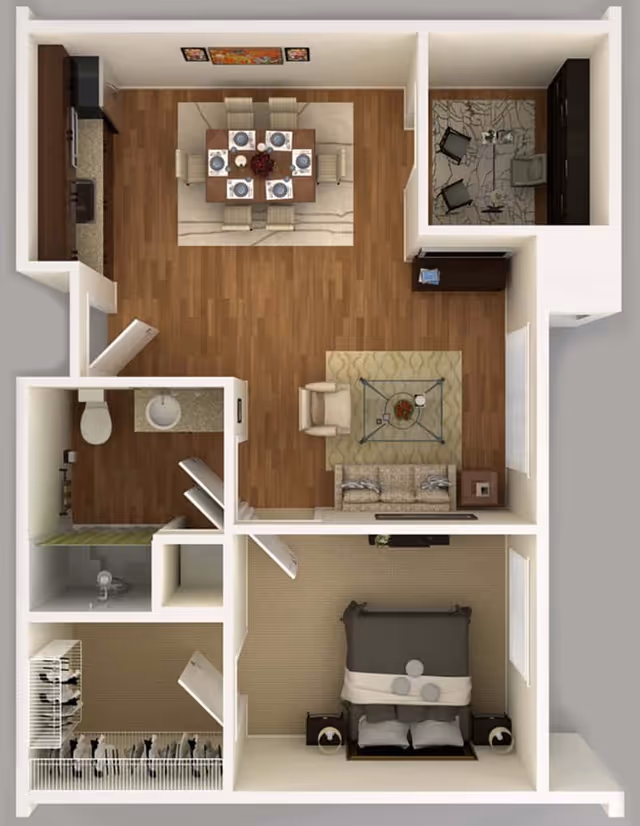 Top-down view of a senior living apartment floor plan showing a bedroom with a bed and nightstands, a living room with a sofa, armchair, and coffee table, a dining area with a table set for six, a kitchen with appliances, a bathroom with a toilet and sink, a shower area, and a walk-in closet.