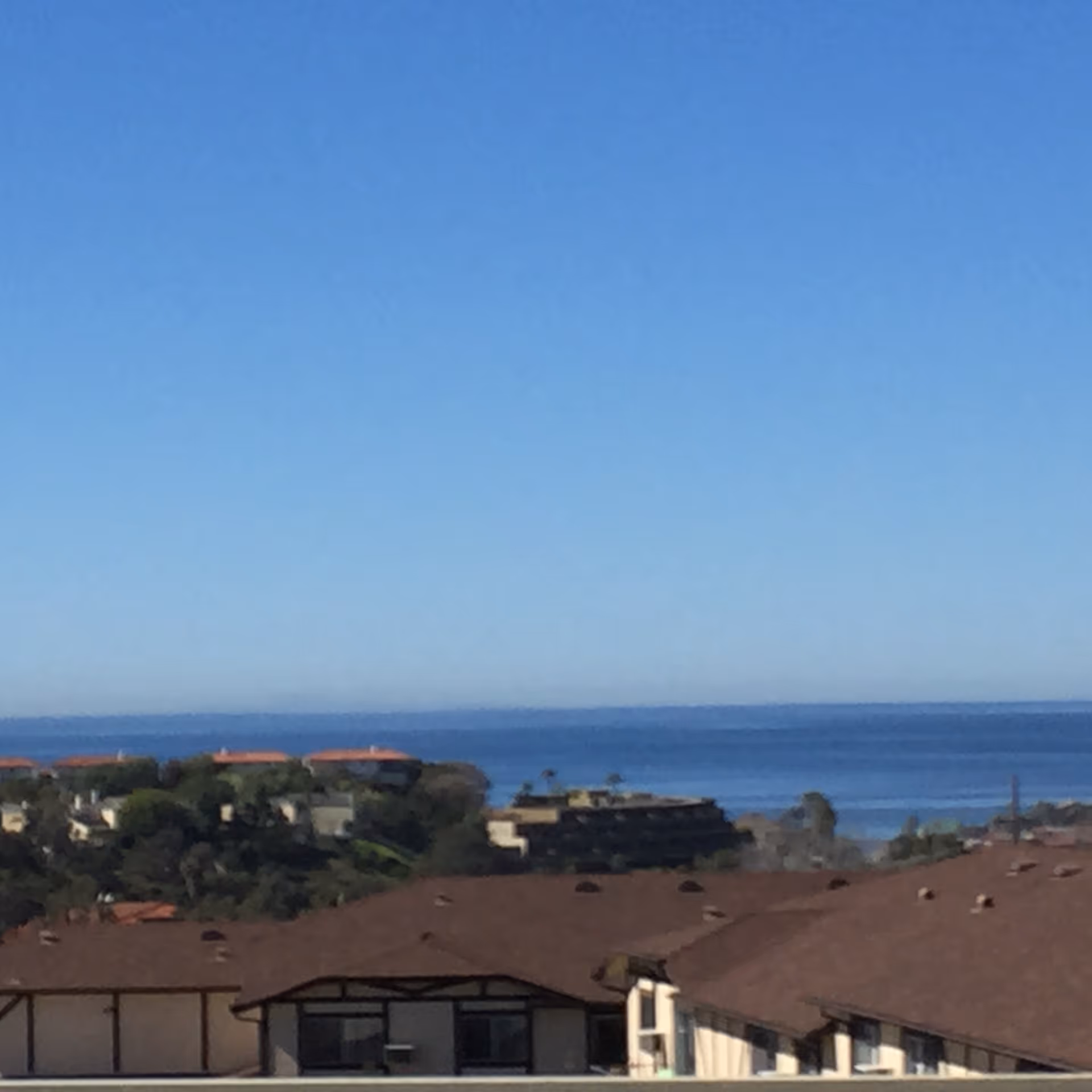 View over residential rooftops toward the ocean under a clear blue sky.