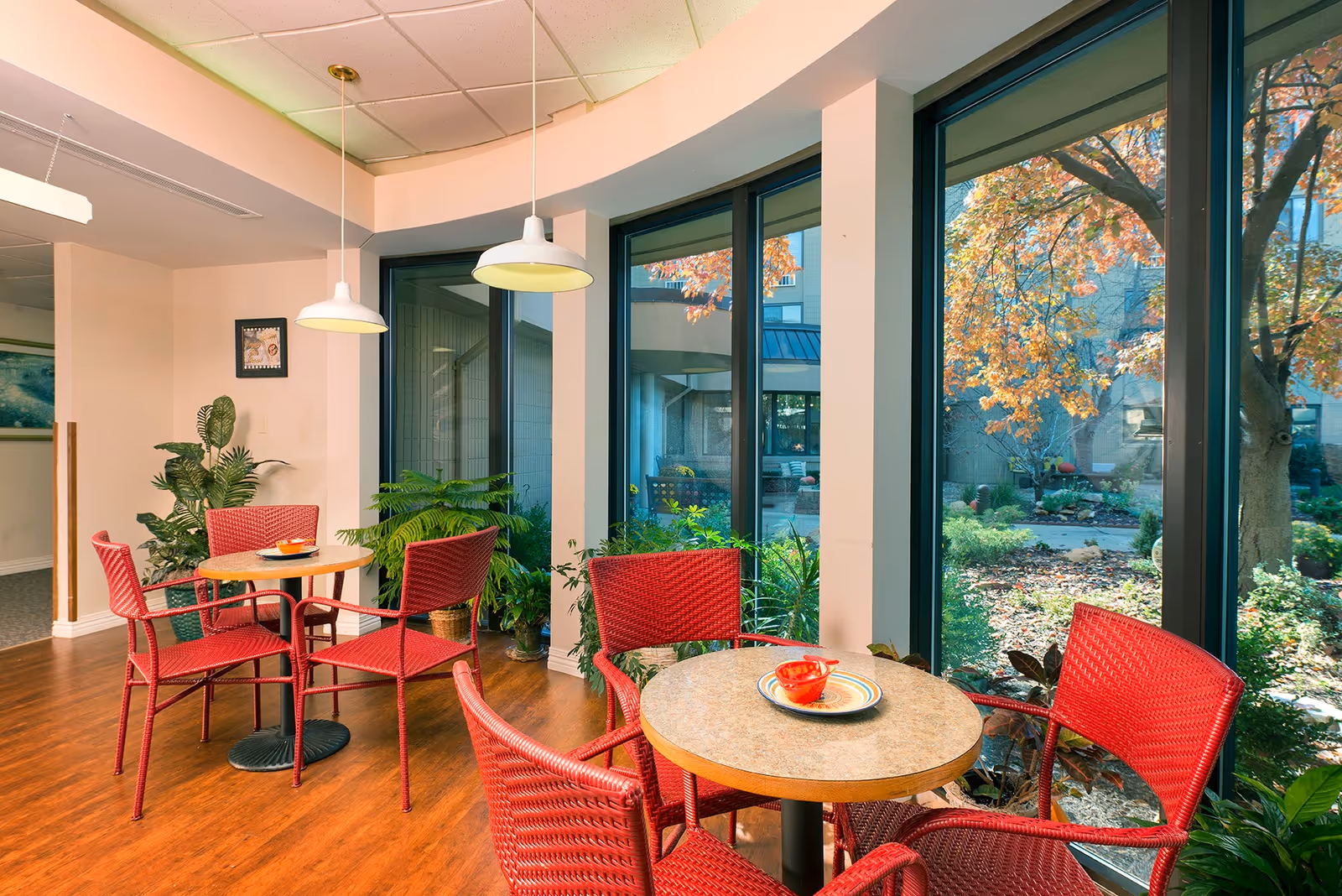 A cozy indoor seating area with round tables and red wicker chairs near large windows overlooking a garden with autumn foliage. The room has wooden flooring, hanging pendant lights, and several potted plants.