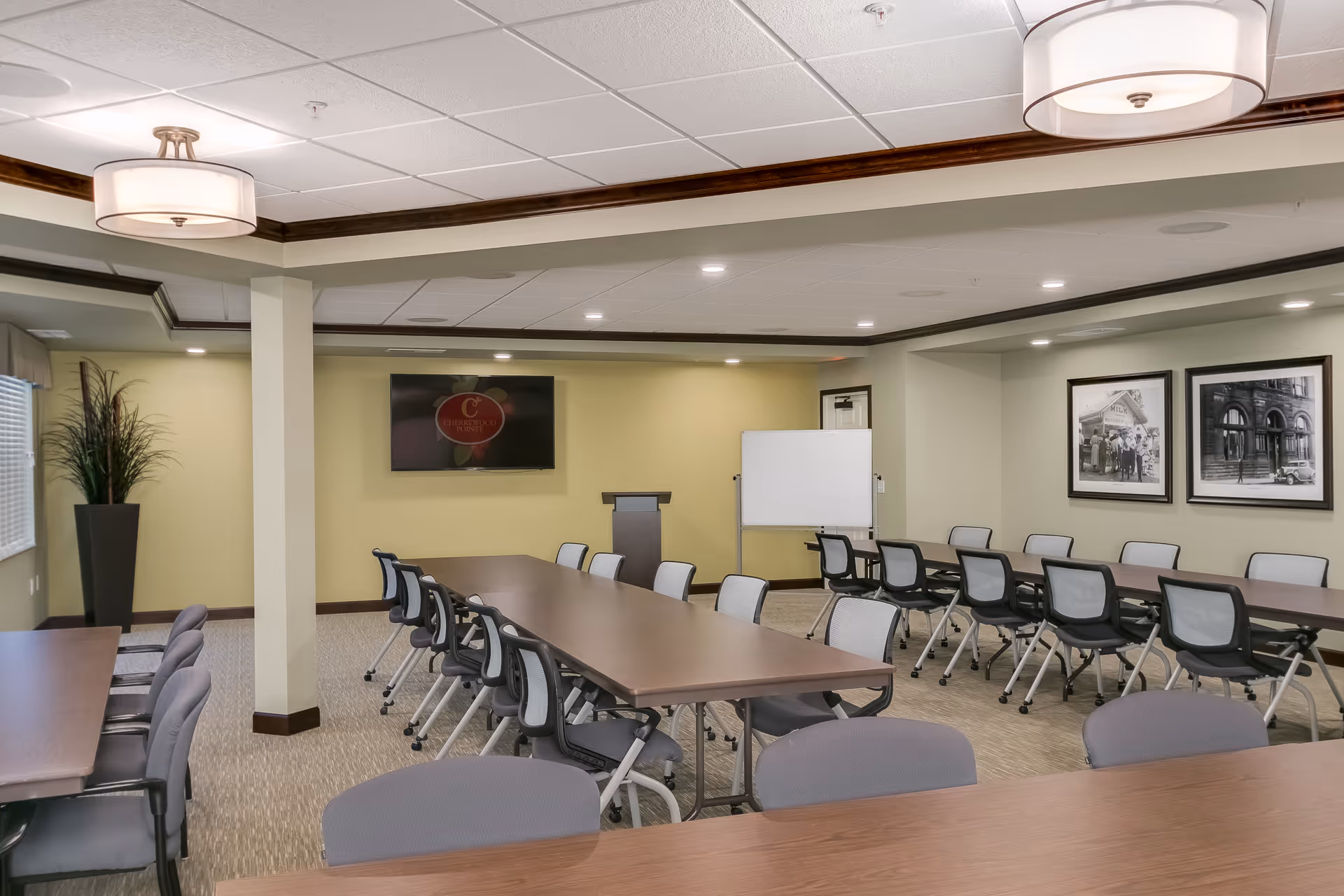 A conference or meeting room with multiple tables arranged in rows and surrounded by chairs. The room has a beige carpet, light-colored walls, and a ceiling with recessed lighting and two large ceiling lights. A flat-screen TV is mounted on one wall above a podium, and a whiteboard is visible in the corner. There are two black and white framed photographs on one wall and a tall plant in a black planter near a window.