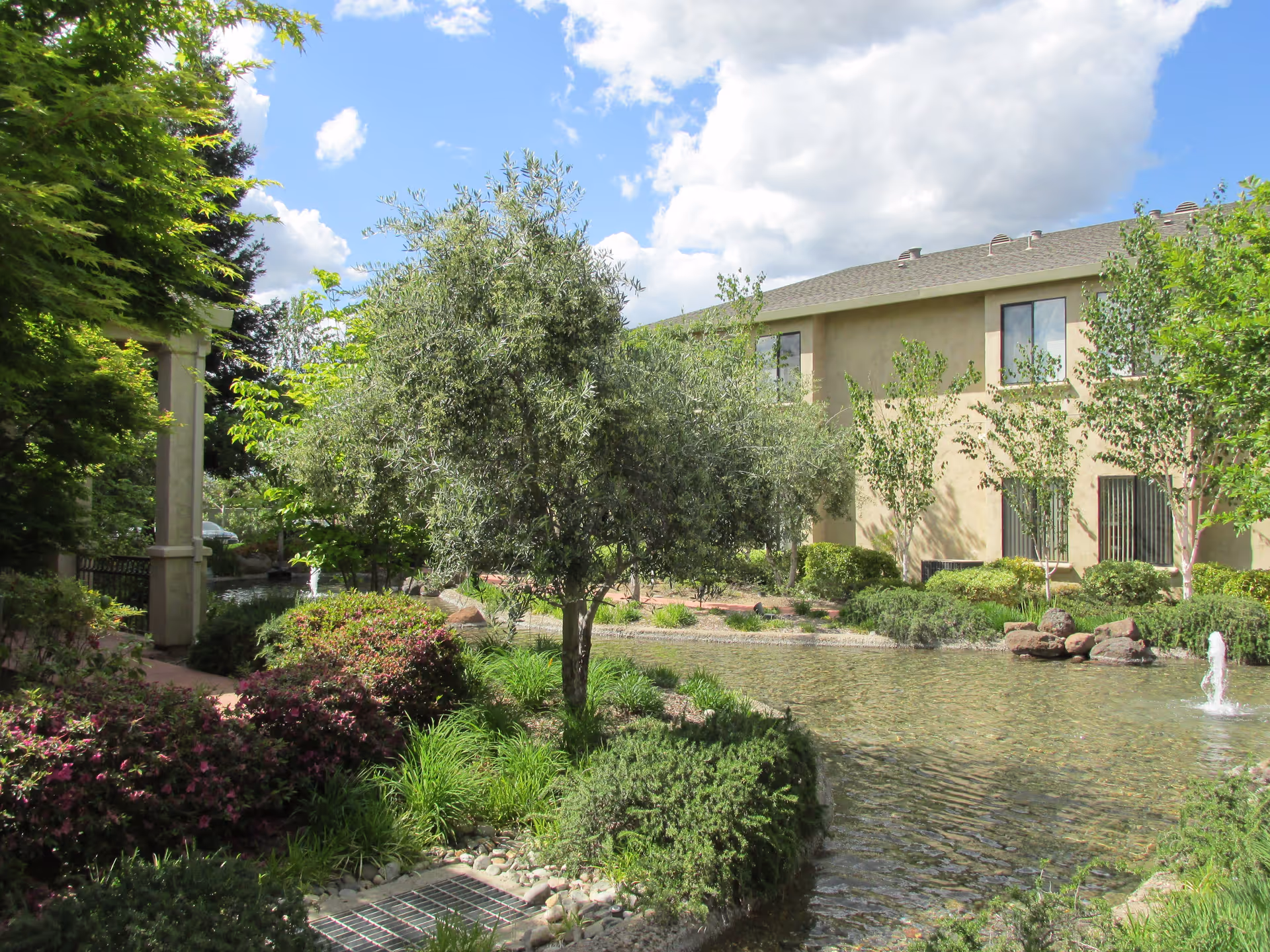 A serene outdoor garden area at Winding Commons Senior Living featuring a small pond with a water fountain, surrounded by lush green trees, bushes, and plants. A beige two-story building with windows is visible in the background under a partly cloudy blue sky.