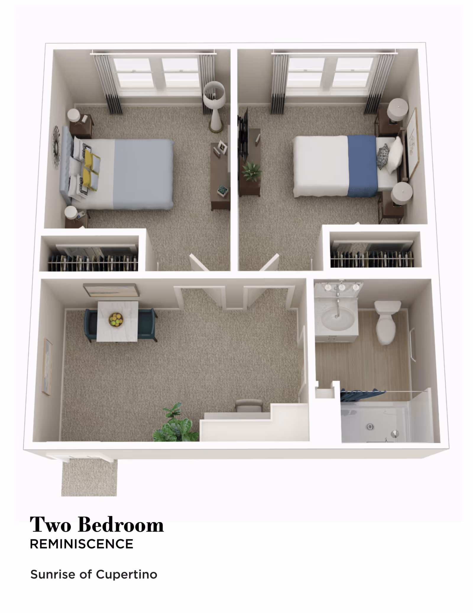 3D floor plan of a two-bedroom apartment named Reminiscence at Sunrise of Cupertino, showing two bedrooms with beds, nightstands, and windows, a shared living/dining area with a table and chairs, and a bathroom with a shower, toilet, and sink.