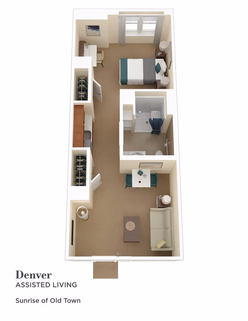 3D floor plan of an assisted living apartment named Denver at Sunrise of Old Town, showing a living room with a sofa, coffee table, and small dining table with two chairs, a bedroom with a bed, nightstands, and a desk, a bathroom with a shower, toilet, and sink, and closets along the hallway.