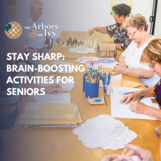 A group of seniors sitting around a table engaged in various brain-boosting activities such as drawing, coloring, and playing chess in a well-lit room.