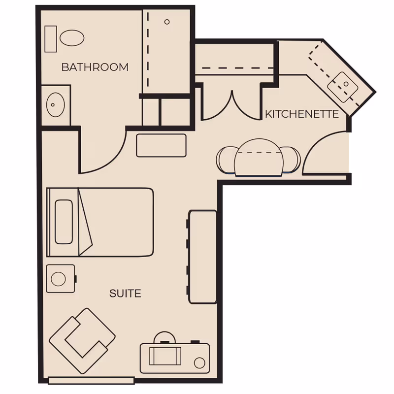 Floor plan of a suite at The Gables of Jacksonville showing a bathroom with toilet and sink, a suite area with a bed, chair, nightstand, and dresser, and a kitchenette with a sink and a small dining table with two chairs.