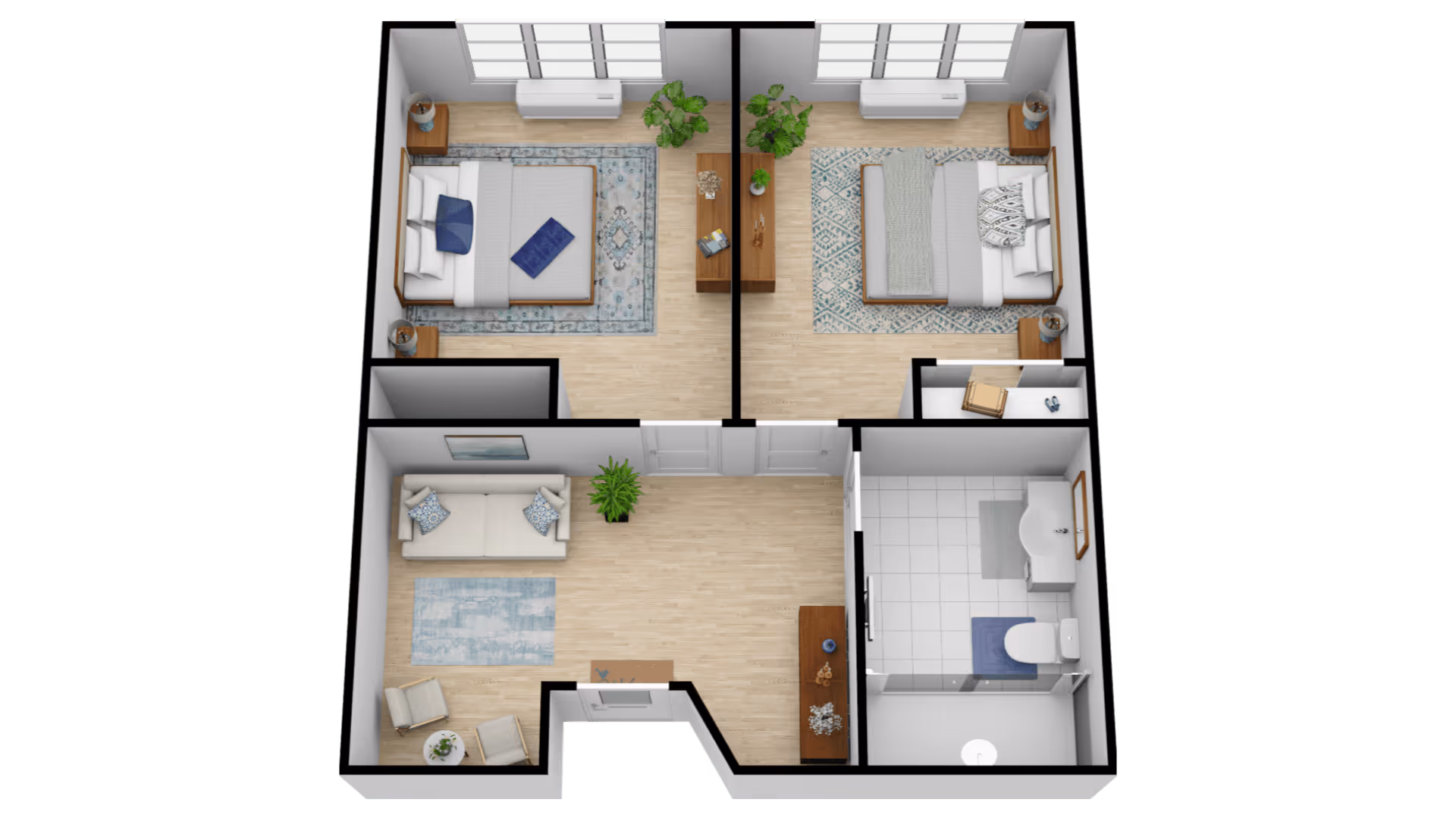 3D floor plan of a senior living unit at The Gardens at Marysville showing two bedrooms, a living room, and a bathroom. The bedrooms each have a bed, nightstands, and rugs. The living room has a sofa, two chairs, a small table, and a plant. The bathroom includes a toilet, sink, and shower area.