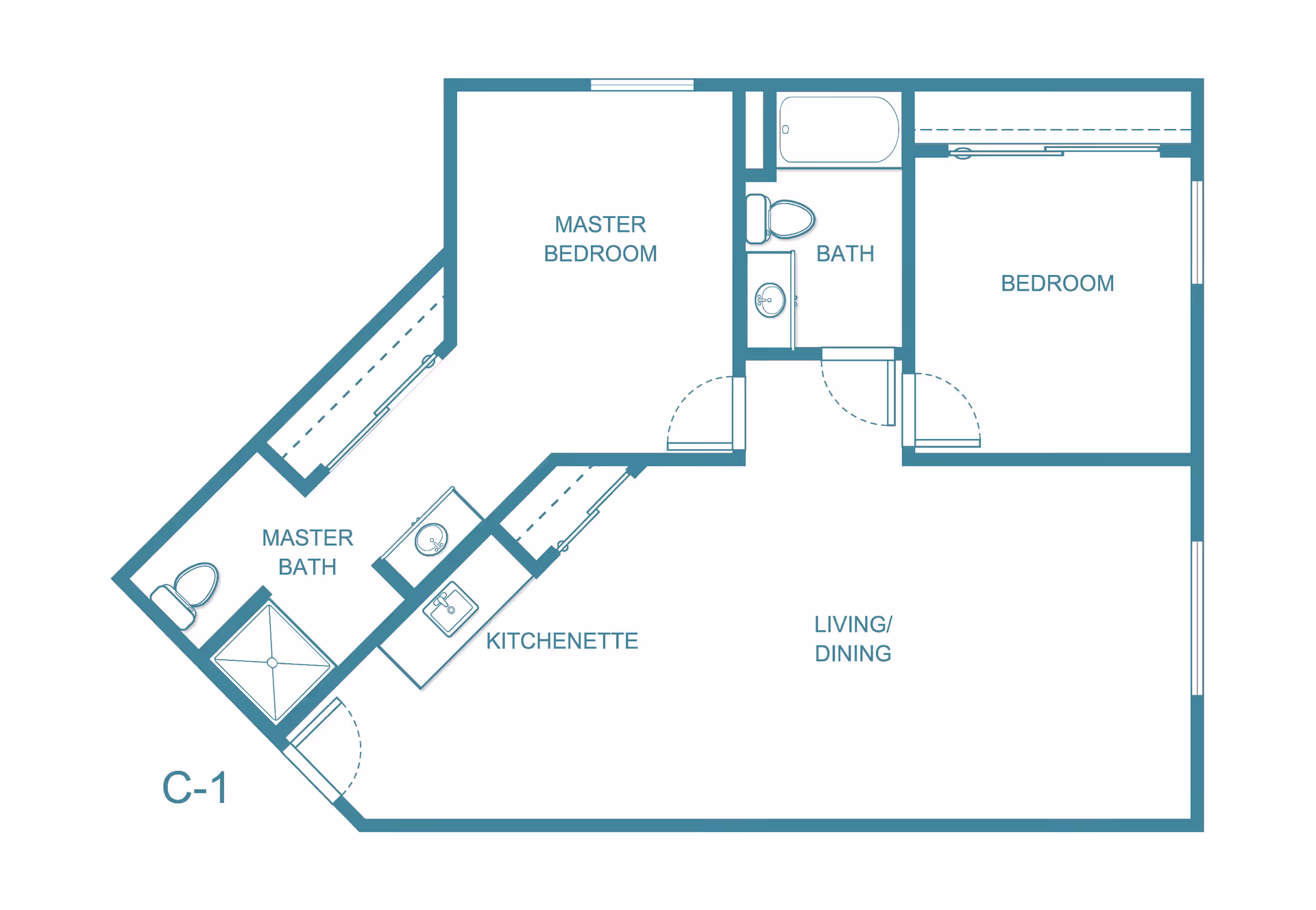 Floor plan layout of a living space at Solista Spokane showing a master bedroom with an attached master bath, a second bedroom, a separate bath, a kitchenette, and a combined living and dining area.