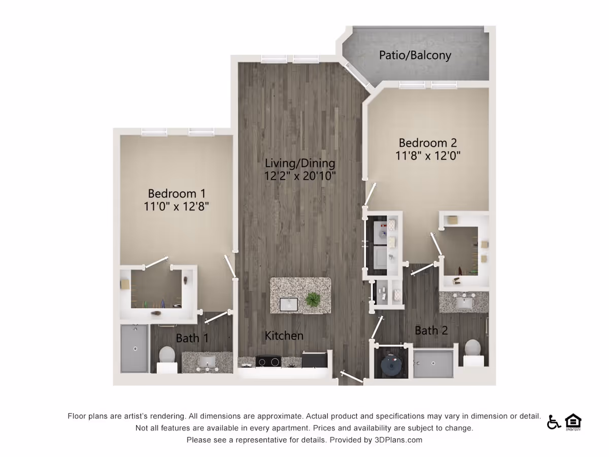 Floor plan of a two-bedroom apartment at Overture Hamlin showing Bedroom 1 (11'0" x 12'8"), Bedroom 2 (11'8" x 12'0"), two bathrooms, a kitchen with an island, a combined living/dining area (12'2" x 20'10"), and a patio/balcony.