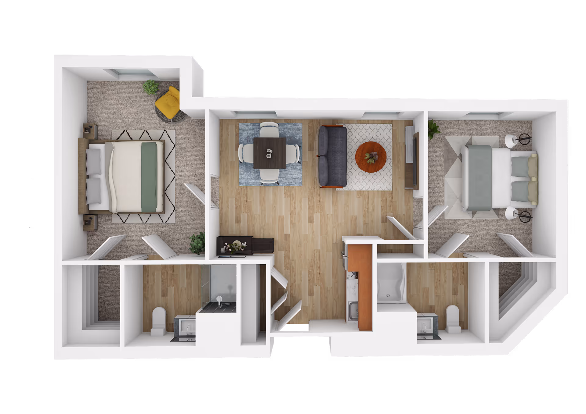 3D floor plan of a senior living apartment at Brandywine Huntington Terrace by Monarch showing two bedrooms, two bathrooms, a living room with a sofa and coffee table, a dining area with a table and four chairs, and a kitchen with a sink and stove.