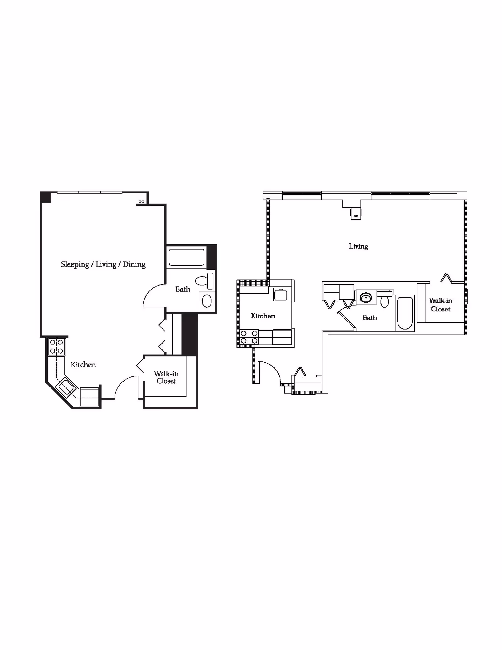 Architectural floor plan showing two apartment layouts. The left layout includes a combined sleeping, living, and dining area, a kitchen, a bathroom, and a walk-in closet. The right layout features a living room, kitchen, bathroom, and walk-in closet.