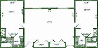 Black-and-white floor plan showing a central living room flanked by two bedrooms, each with bathrooms and closets, and a kitchen area along one wall.