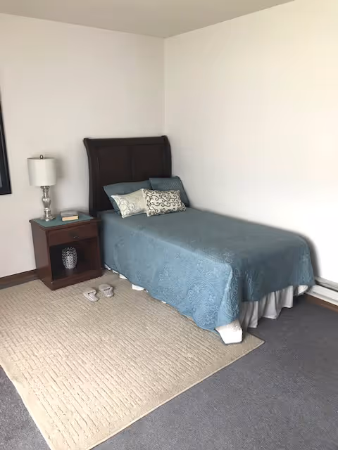 A simple bedroom with a single bed covered in a blue patterned bedspread and three decorative pillows. Next to the bed is a wooden nightstand with a silver lamp, a book, and a decorative item on the lower shelf. A beige rug is placed on the floor beside the bed, and a pair of slippers are positioned near the rug. The walls are plain white.