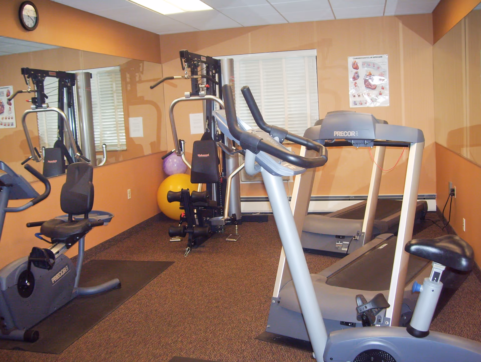 Small fitness room with exercise equipment including a treadmill, stationary bike, and multi-function weight machine. The room has brown walls, a large mirror on one side, a clock on the wall, and two exercise balls in the corner.