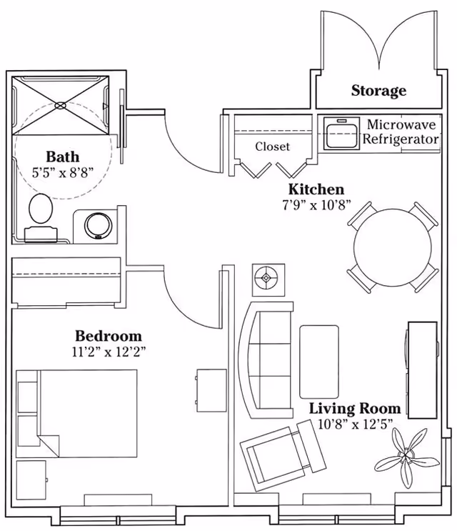 Architectural floor plan of a senior living apartment at The Wyngate Senior Living Community-Lima, showing a bedroom, bath, kitchen, living room, and storage area with labeled dimensions and furniture layout.
