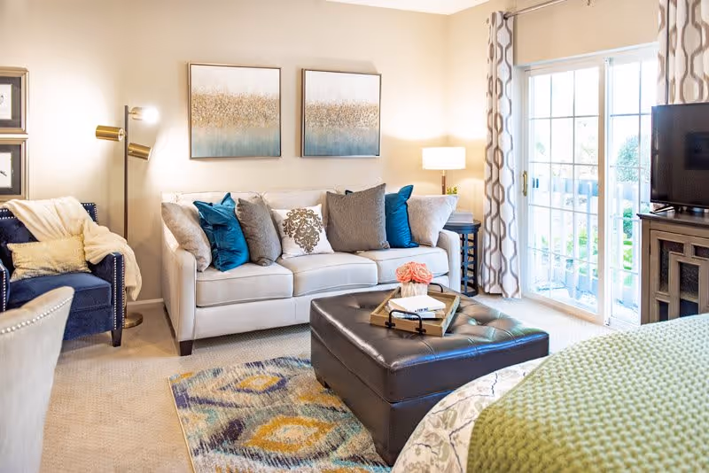 Well-lit living room with a white sofa topped with decorative pillows, a dark leather ottoman, TV cabinet, and sliding glass doors to a patio.