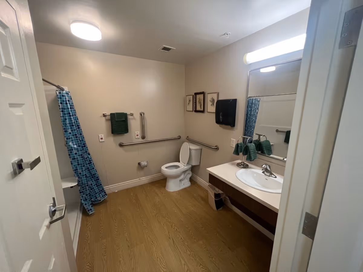 Interior view of a bathroom with a toilet, sink with countertop, mirror, and a shower with a blue patterned curtain. The bathroom has wooden flooring, beige walls, handrails near the toilet, green towels, and framed artwork on the wall.