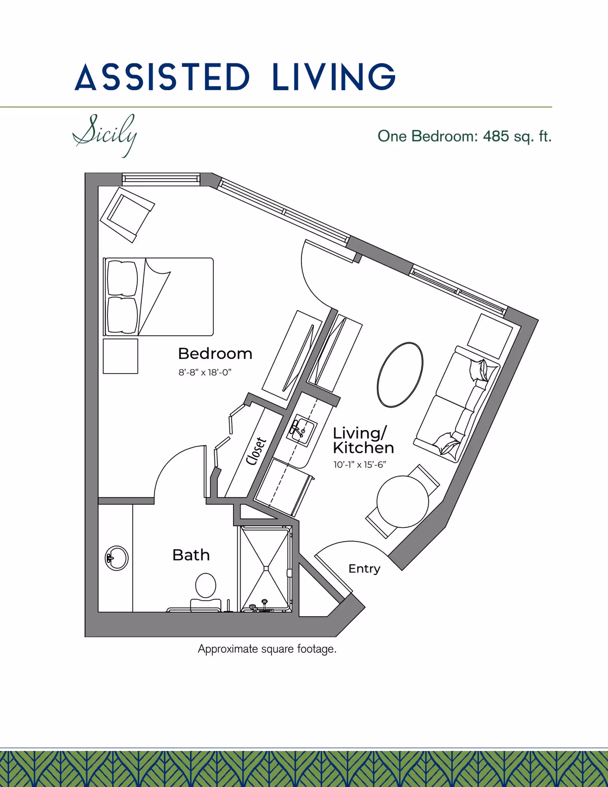 Floor plan of an assisted living one-bedroom unit named Sicily at Renaissance North Tampa, showing a bedroom, bath, closet, and combined living/kitchen area with approximate dimensions and total area of 485 square feet.