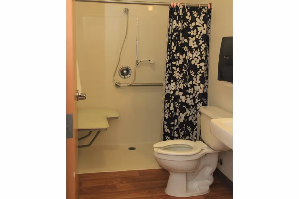 Small accessible bathroom with a toilet, wall-mounted sink, and a shower area with a fold-down seat, grab bar, and floral shower curtain.