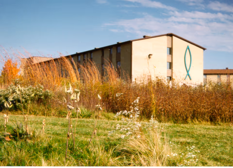 Exterior view of a multi-story beige building with a large teal ribbon symbol on the side, surrounded by tall grasses and wildflowers under a blue sky.