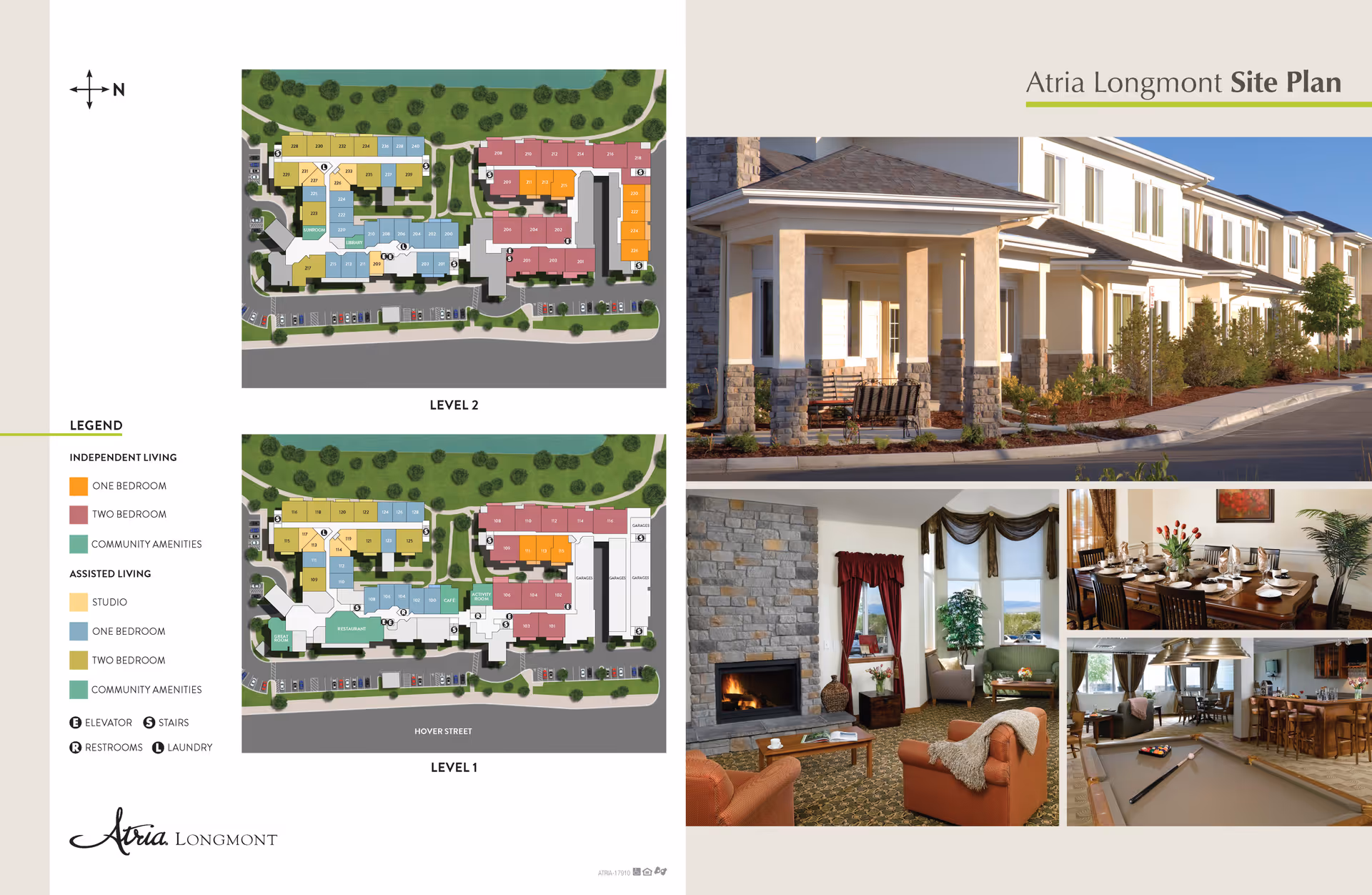 Atria Longmont site plan showing two levels of the facility with color-coded areas for independent living and assisted living units, community amenities, and various facilities. The right side features images of the building exterior, a cozy living room with a stone fireplace, a formal dining room set for a meal, and a recreational room with a pool table and bar area.
