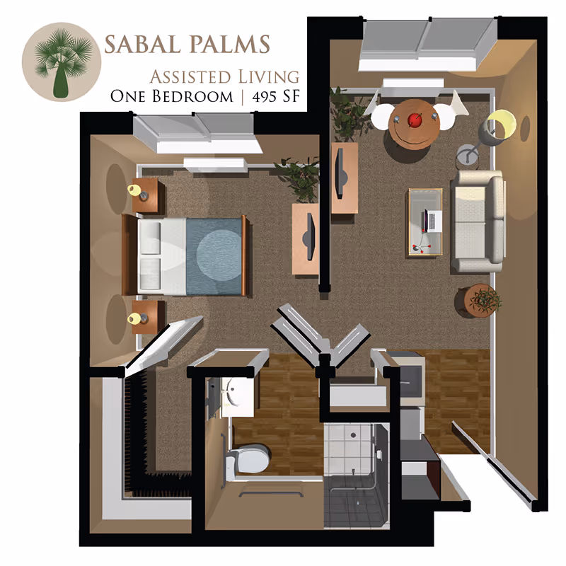 Floor plan of a one-bedroom assisted living apartment named Sabal Palms, featuring a bedroom with a bed and nightstands, a living room with a sofa, coffee table, TV, and dining table with chairs, a kitchen area, and a bathroom with a toilet, sink, and shower. The total area is 495 square feet.