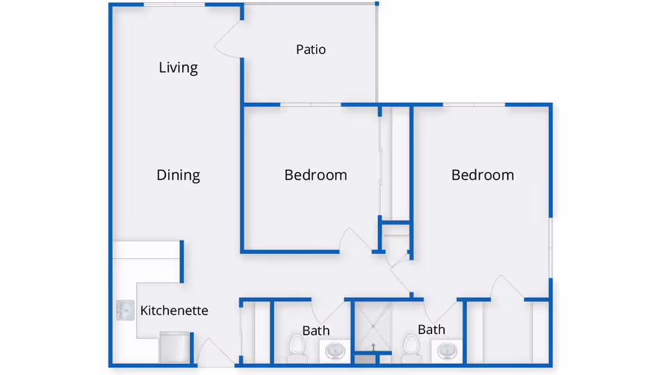 Floor plan layout showing two bedrooms, two bathrooms, a kitchenette, dining and living area, and a patio.