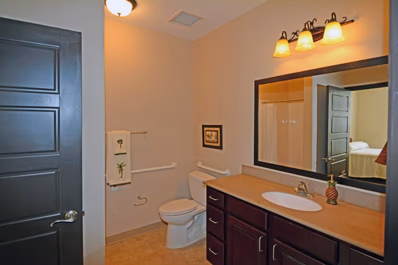 A bathroom with a toilet, a countertop with a sink, a large mirror above the sink, and a dark wooden door. The bathroom has beige walls, a towel rack with two towels, and a small framed picture on the wall. The reflection in the mirror shows a bed in an adjacent room.