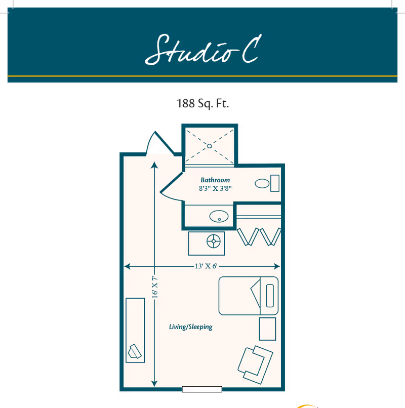 Floor plan of a studio apartment labeled Studio C with a total area of 188 square feet. The layout includes a bathroom measuring 8 feet 3 inches by 3 feet 8 inches, and a combined living and sleeping area measuring 16 feet by 7 feet and 13 feet by 6 feet. The living/sleeping area shows a bed, a chair, a small table, and a dresser. The bathroom includes a toilet, sink, and shower.