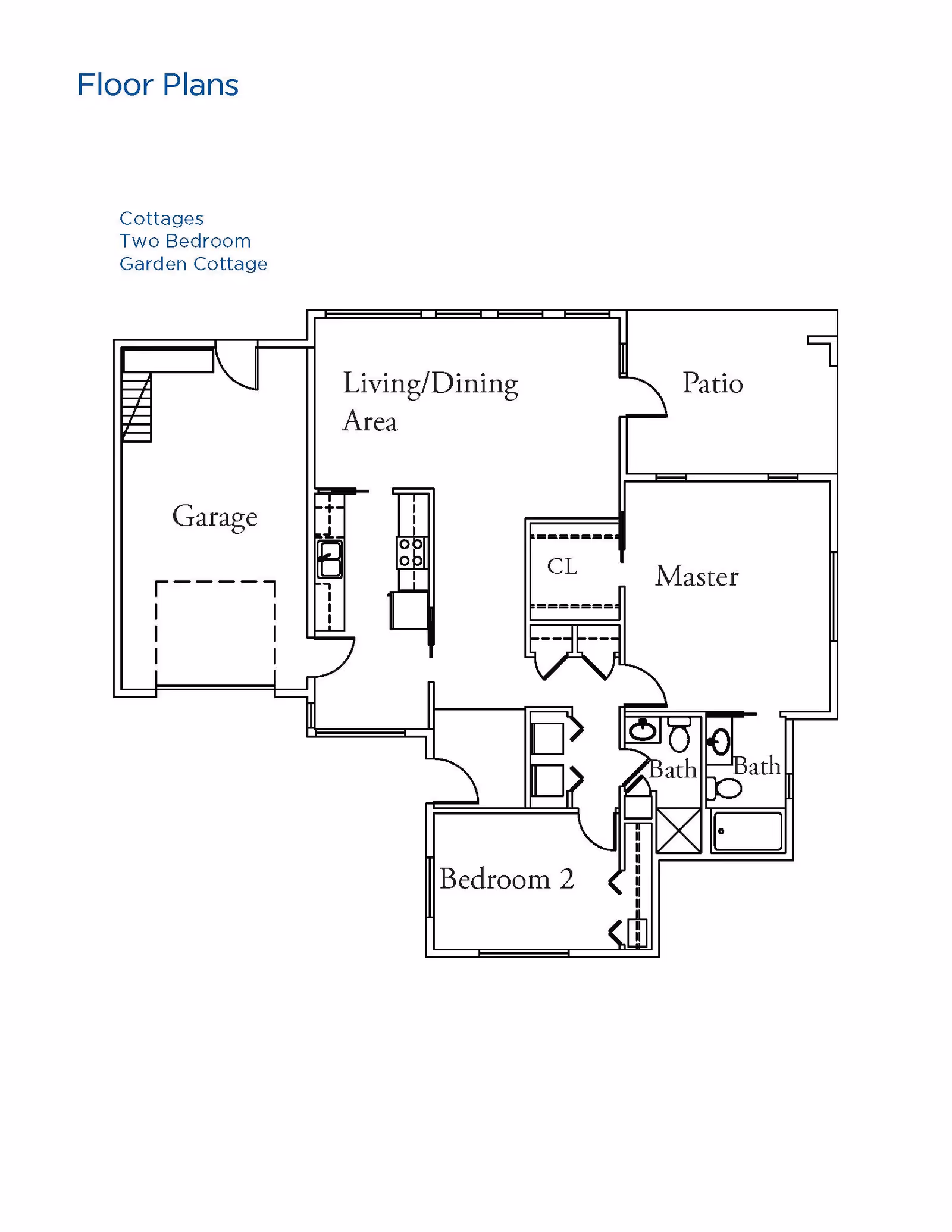 Floor plan of a two-bedroom garden cottage showing a garage, living/dining area, kitchen, patio, master bedroom with closet, second bedroom, and two bathrooms.