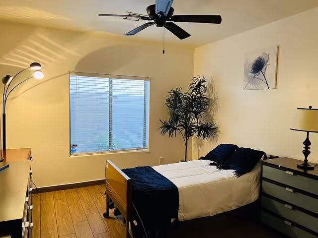 A neatly arranged bedroom with a single bed covered in white bedding and dark blue pillows and throw. The room has wooden flooring, a ceiling fan, a window with blinds, a tall floor lamp, a dresser, a nightstand with a lamp, a potted plant, and a framed flower artwork on the wall.