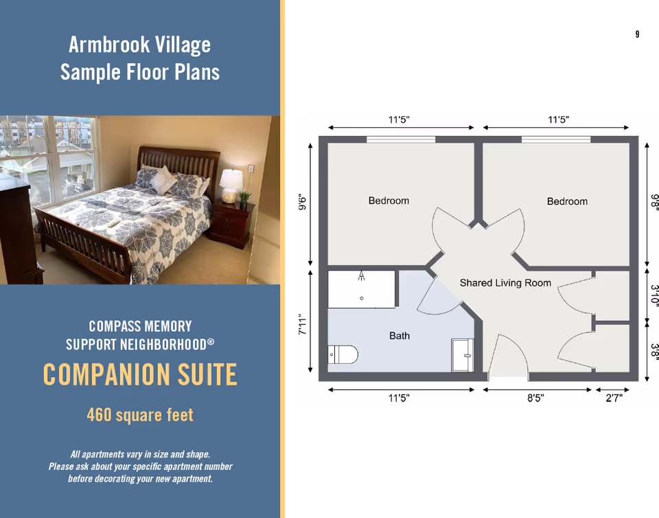 A promotional image for Armbrook Village showing a furnished bedroom with a bed, nightstand, lamp, and window on the left side, and a floor plan of a companion suite on the right side. The floor plan includes two bedrooms, a shared living room, and a bathroom with dimensions.