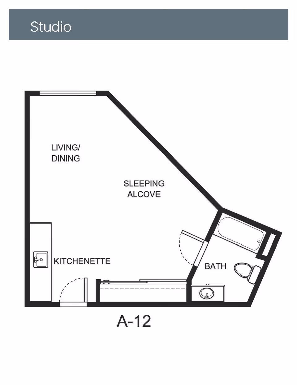 Floor plan of a studio apartment labeled A-12 showing a kitchenette, living/dining area, sleeping alcove, and a bathroom with a bathtub, toilet, and sink.