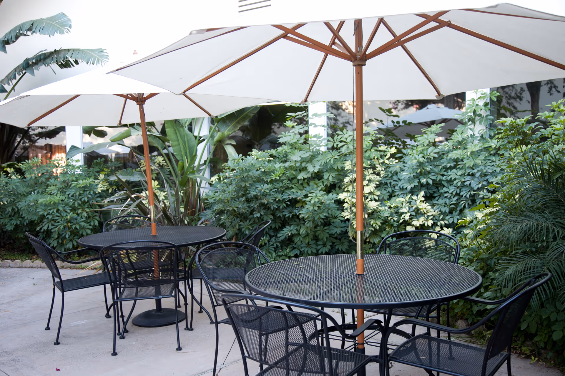 Outdoor patio area with two round black metal tables, each surrounded by black metal chairs. Large white umbrellas provide shade over the tables. Lush green plants and bushes are visible in the background.