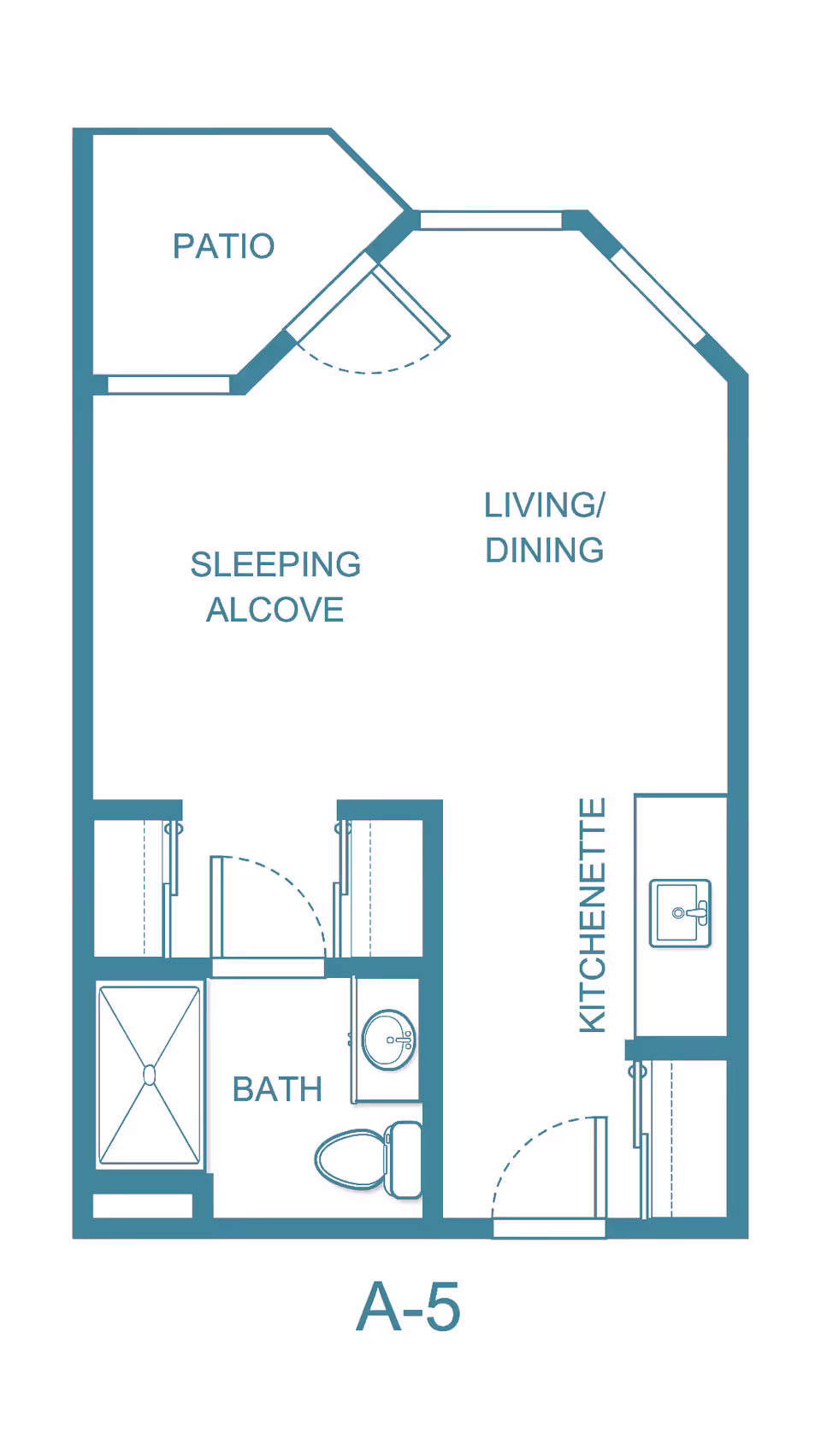 Floor plan layout of a studio apartment labeled A-5 at Holiday Hidden Lakes, showing a patio, sleeping alcove, living/dining area, kitchenette, and a bathroom with a shower, toilet, and sink.